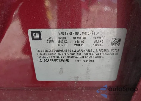 2015 Chevrolet Cruze 1Lt Auto из США, поврежденный, VIN 1G1PC5SB6F7189165